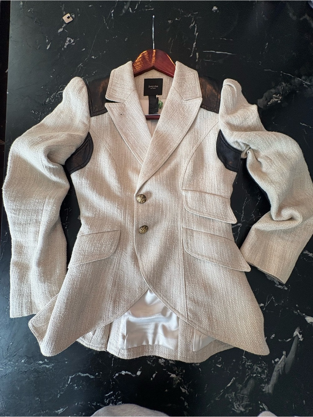 Smythe cream duchess blazer size 6 with Black Leather Shoulder & Elbow Details